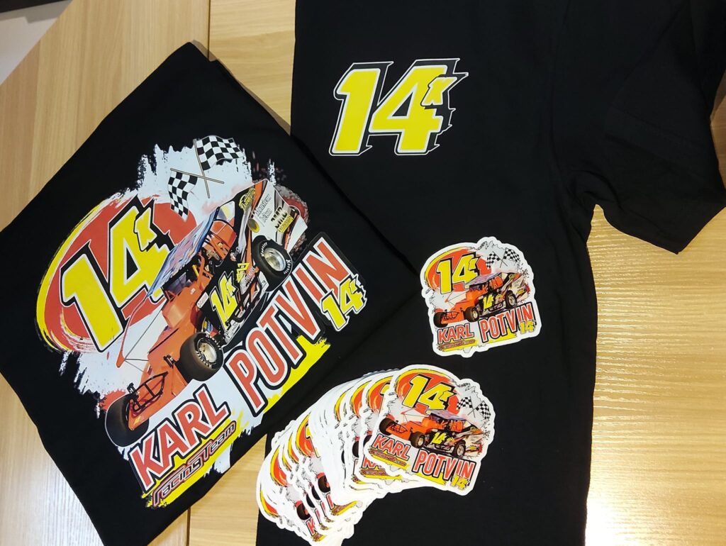 T-Shirts et Stickers (autocollants) personnalisés pour le pilote de course Karl Potvin.