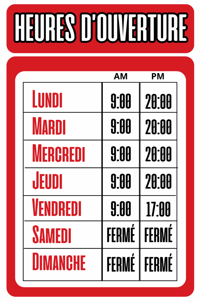 Heures d'ouverture SD-Création.