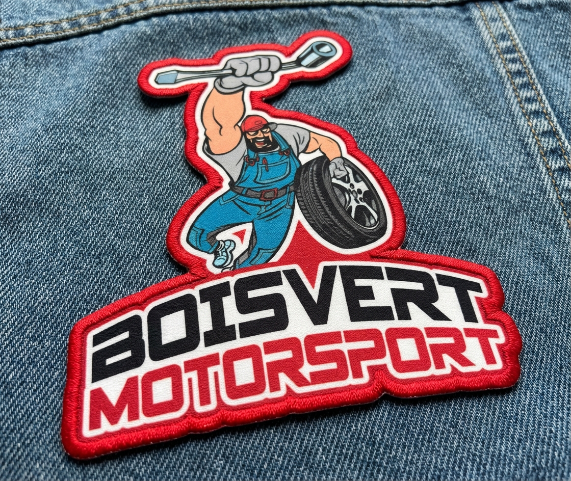 Patche Imprimée en DTF et avec broderie sur le contour pour Boisvert Motorsport.