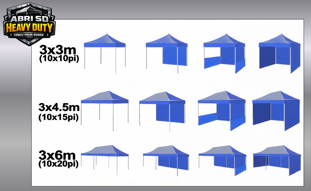 Abris pop-up, tente, canopy tent, 10x10, 10x15 et 10x20 personnalisée au Québec. Différentes grandeurs avec mûrs et demi-^mûrs.