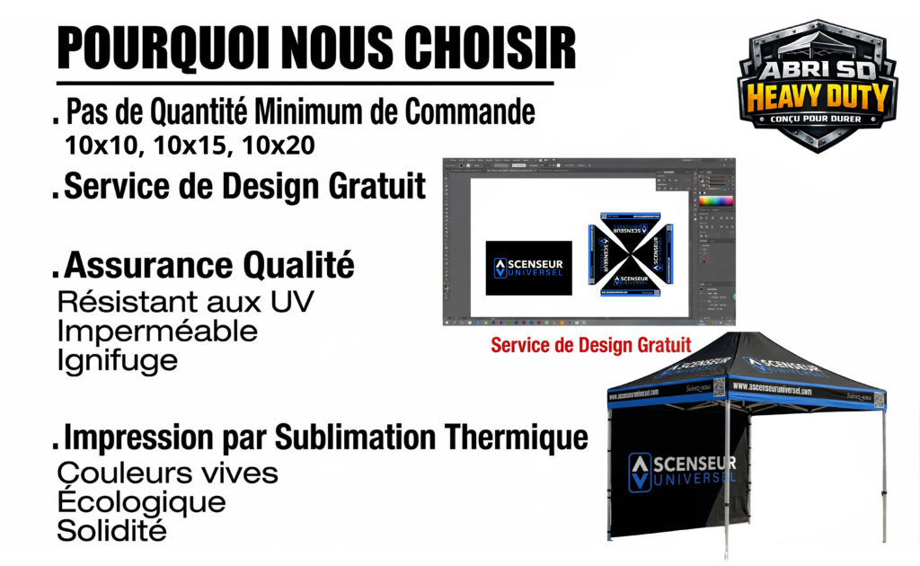 Abris pop-up, tente, canopy tent, 10x10, 10x15 et 10x20 personnalisée au Québec.