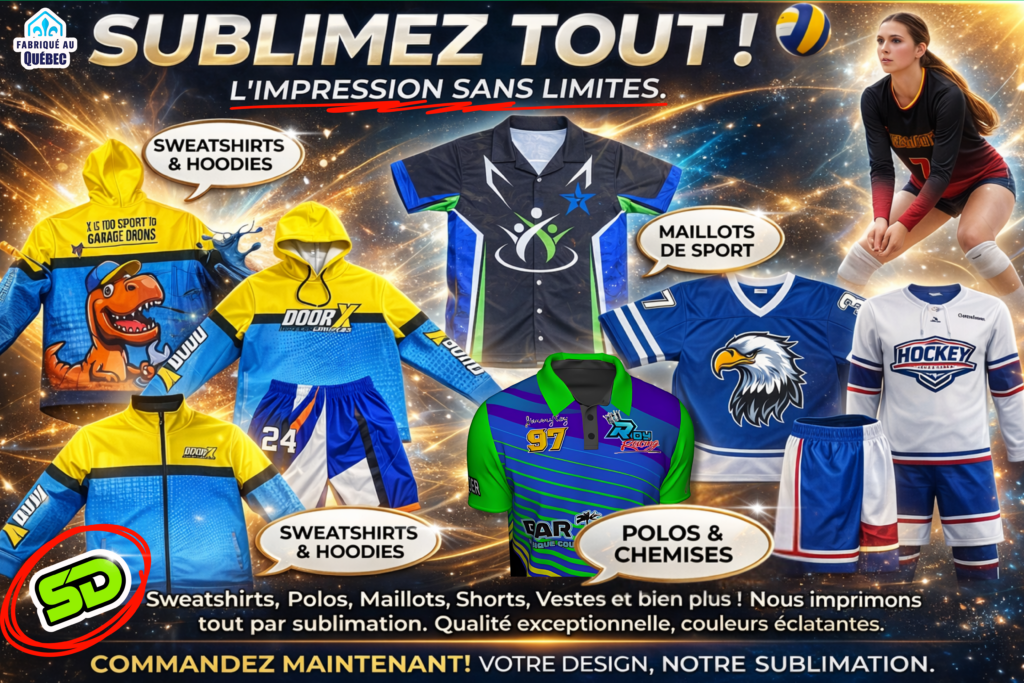Impression de vêtements sportifs par sublimation. Hoodies, polos, t-shirts, ensemble sport, basketball, volleyball, soccer, football. Maillot de sport.