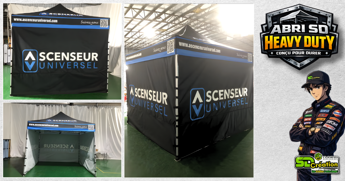 Abri pop-up 10x10 personnalisée avec impression HD. Côtés d'abris avec impression personnalisée. LE producteur d'abris au Québec.