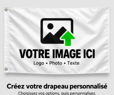Drapeau blanc personnalisable SD‑Création avec deux anneaux, une icône d’importation et le texte « Votre image ici — Logo, photo, texte ».